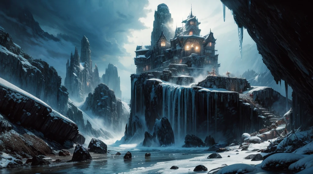 Digital illustration, Detailed and intricate, The panoramic landscape view, Destroyed ancient frozen icy stone tower inside a giant snowy icy cave chamber, winter Rocky and snowy and foggy, hundreds of Pilgrims and adventurers, Philipp Urlich art style, Yoshitaka Amano art style, Hayao Miyazaki art style, Masterpiece, Proportional, Detailed, Beautiful lighting, Realistic, Intricate, 4k highest quality, 4K digital painting in the style of Yoshitaka Amano, Beautiful lighting and cinematic composition, Rule of thirds composition, shimmering lighting, dramatic lighting (by Zdeněk Burian:0.0) (by John Martin:0.0)