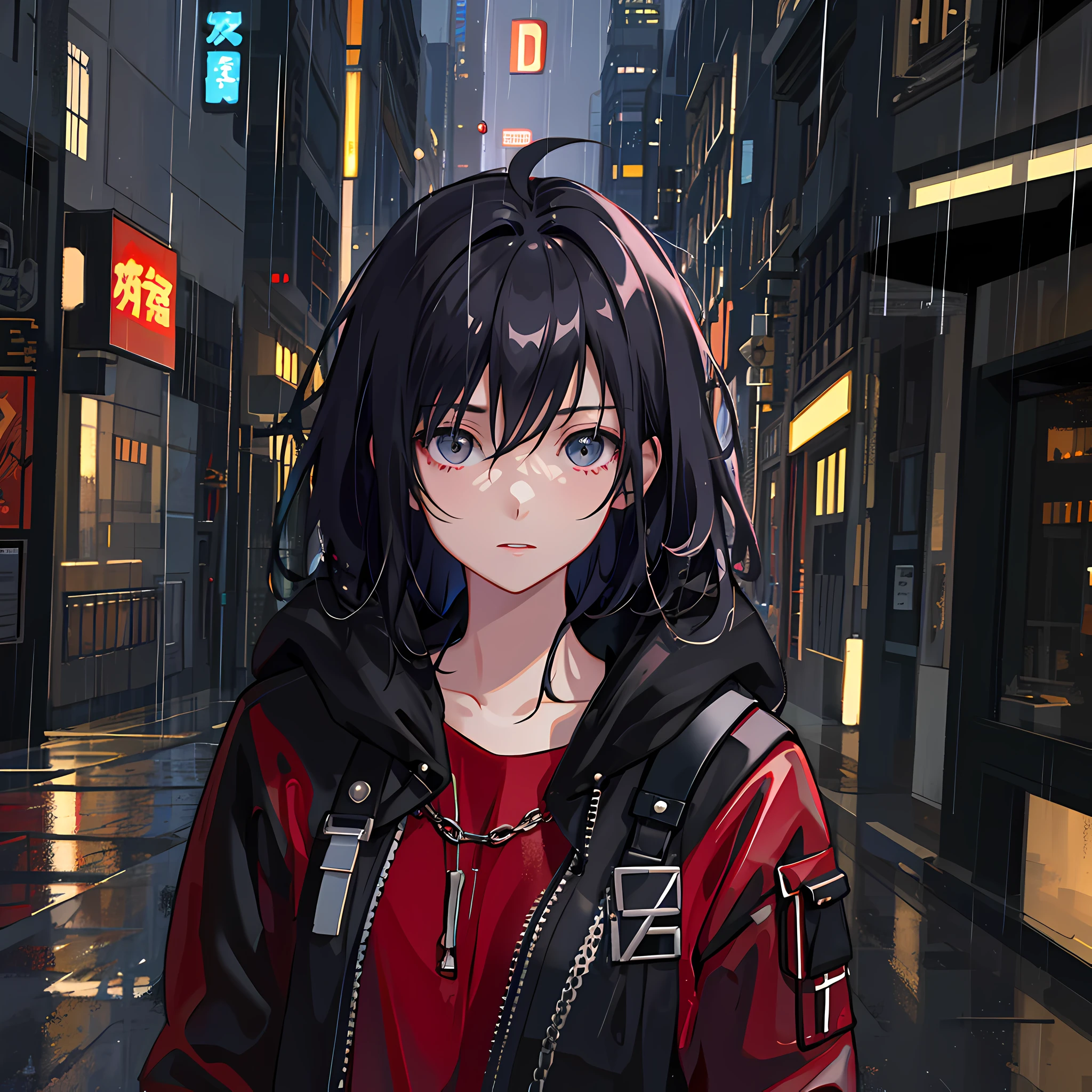 1girl, jacket, rain, outdoor, hoodie, open jacket, chain, backpack, looking at another, messy hair, trending on artstation, 8k resolution, highly detailed, anatomically correct, sharp image, digital painting, concept art, trending on pixiv, style of makoto shinkai,