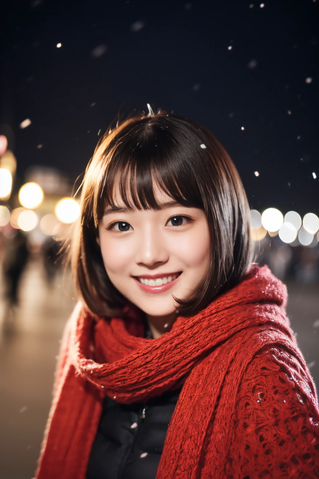 ((no-makeup))、(realisitic、Photorealsitic、ultra-detailliert、Highest Details Skins、top-quality、masterpiece、超A high resolution)、Cute Japan Woman、sixteen years old、hi-school girl、younggirl、1 girl in、I have bangs、二重まぶた、drooing eyes、Large black eyes、Charming、purity、Cute smile、Natural smile、View here、Realistic skin type、Thick muffler、fluffy hair、((Hair is inside the scarf))、Red cheeks、The wind is blowing、It's snowing、illuminations、Lighting from behind、Medium Bob Cut、nightcity