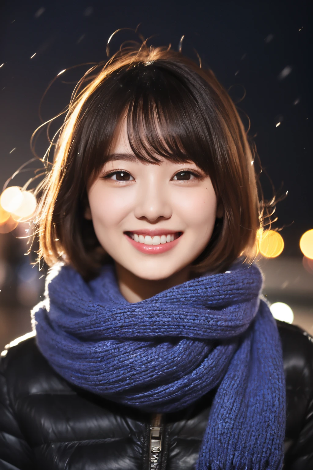((no-makeup))、(realisitic、Photorealsitic、ultra-detailliert、Highest Details Skins、top-quality、masterpiece、超A high resolution)、Cute Japan Woman、sixteen years old、hi-school girl、younggirl、1 girl in、I have bangs、二重まぶた、drooing eyes、Large black eyes、Charming、purity、Cute smile、Natural smile、View here、Realistic skin type、Thick muffler、fluffy hair、((Hair is inside the scarf))、Red cheeks、The wind is blowing、It's snowing、illuminations、Lighting from behind、Medium Bob Cut、nightcity