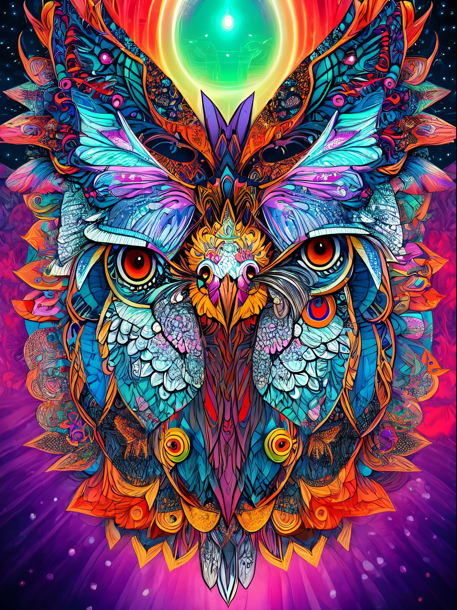 "Owl in a psychedelic and surreal world, ultra-detailed, with vibrant colors and lighting effects, creating a masterpiece with 8k and 4k resolution.Owl is depicted with intricate details, merging with the surroundings seamlessly. The artwork showcases Owl under the influence of LSD, where space and time lose their boundaries. The scene exudes a sense of otherworldly beauty and mystique, combining the ancient Egyptian deity with a contemporary psychedelic aesthetic, creating a visually stunning and mind-altering experience."