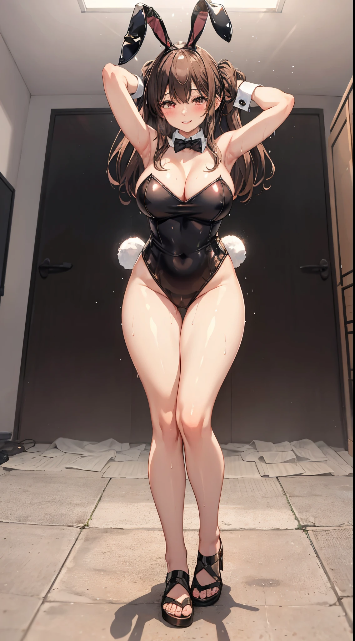 1girl in, Parted lips, blush, makeup, lightsmile, Full body, Wide Angle, frombelow, crass room, llight rays, Glow, thighs thighs thighs thighs, 鎖骨, Narrow waist, (masutepiece), (Wearing a bunny costume:1.3)、Black costume、Colossal tits、a wet body、full of sweat、Lie on your back、Fold your hands over your head、Raise your arms to show your armpits