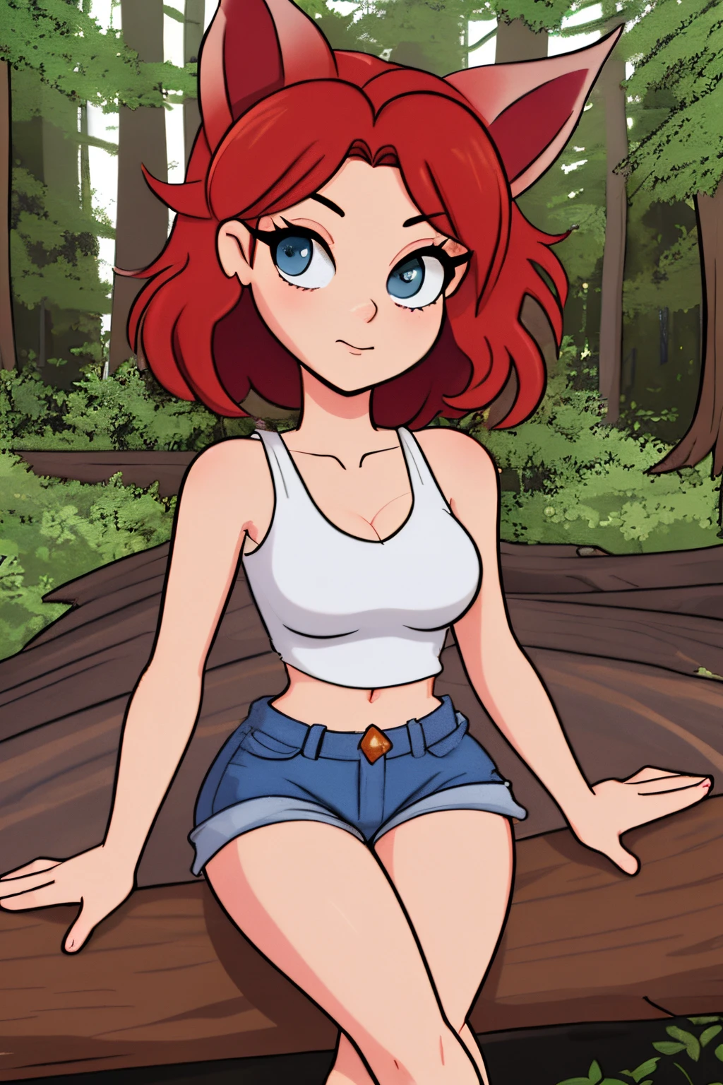 close up 1girl in, ager, Solo, vibrant red hair, straight red hair, short red hair, light gray eyes, some small freckles, pale skin, medium breasts, cleavage, runners body, (thin hips, thin waist: 1.25), (arched back:1.12), detailed skin, neutral face, pouting, revealing clothes, (wearing cropped tank top, blue jean shorts ripped, hair clip: 1.1), looking at viewer, (squeezing breasts, sitting down on log: 1.22), (dark fox ears:1.25), (detailed magical forest background:1.1), creek, overlooking opening in forest, relaxing, 4k textures, soft light, elegant, highly detailed, sharp focus, soothing tones, insane details, intricate details, hyperdetailed, low contrast, exposure blend, hdr, faded