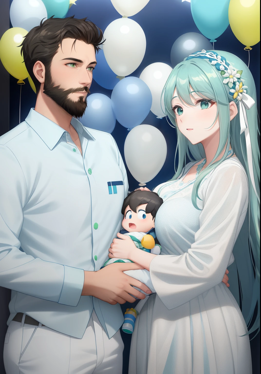 on the right a woman with white dress with green and blue pattern, on the left a man with beard in a dark navy blue shirt and white pants, in the middle betweet both parents their newborn baby boy, both looking at him all close together, behind them is a grey wall covered with white,blue and yellow balloons, like pixar animated characters