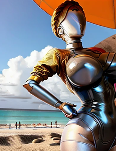 HQ 8K digital art, perfect HD quality, Best quality, yellow jacket, braided hair, silver skin, [[no face]], (hugefaketits:1.3), (anime), (illustration), cartoon, detailed, sexy, twins, (on beach:1.3), busty, huge breasts, wide hips, (soaked in oil:1.2), posing