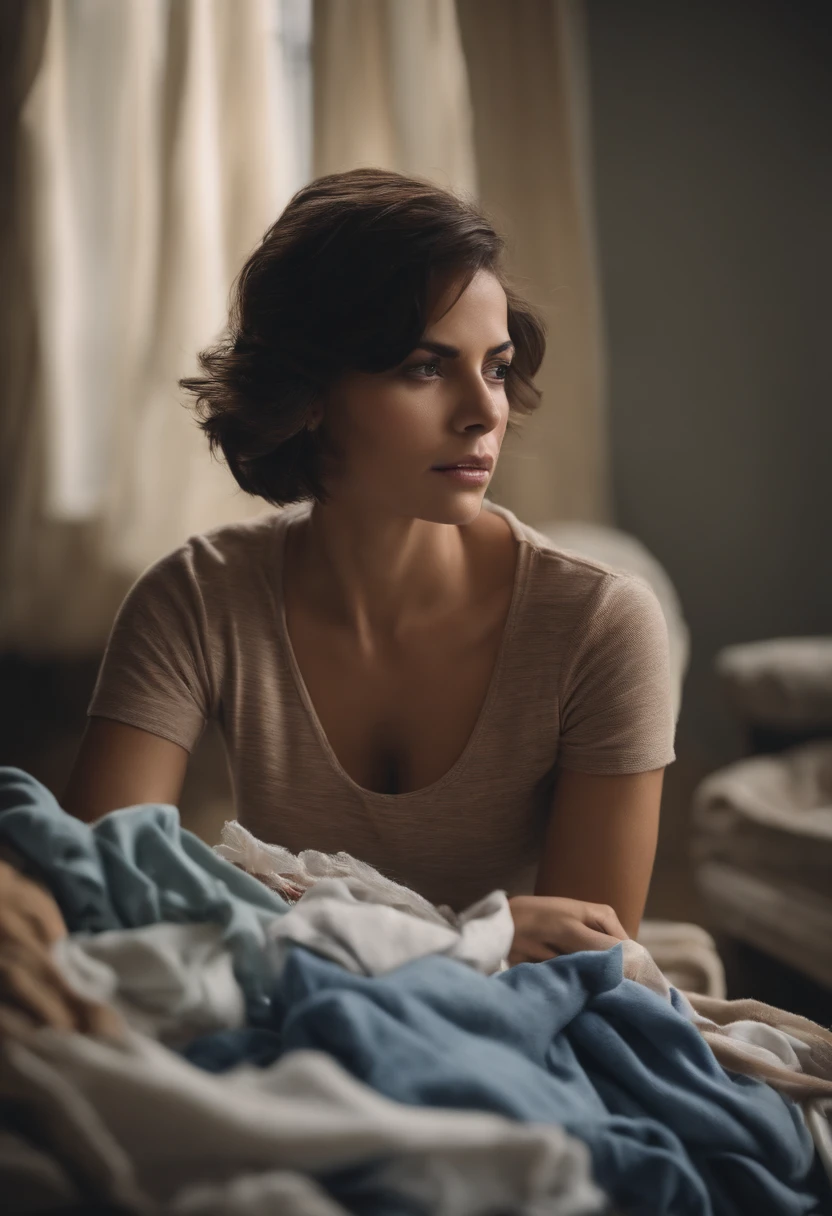 A photo of Suzan angrily folding a pile of laundry,original,Petite, short hair, dark eyes and light skin, angry and frustrated but serious , female