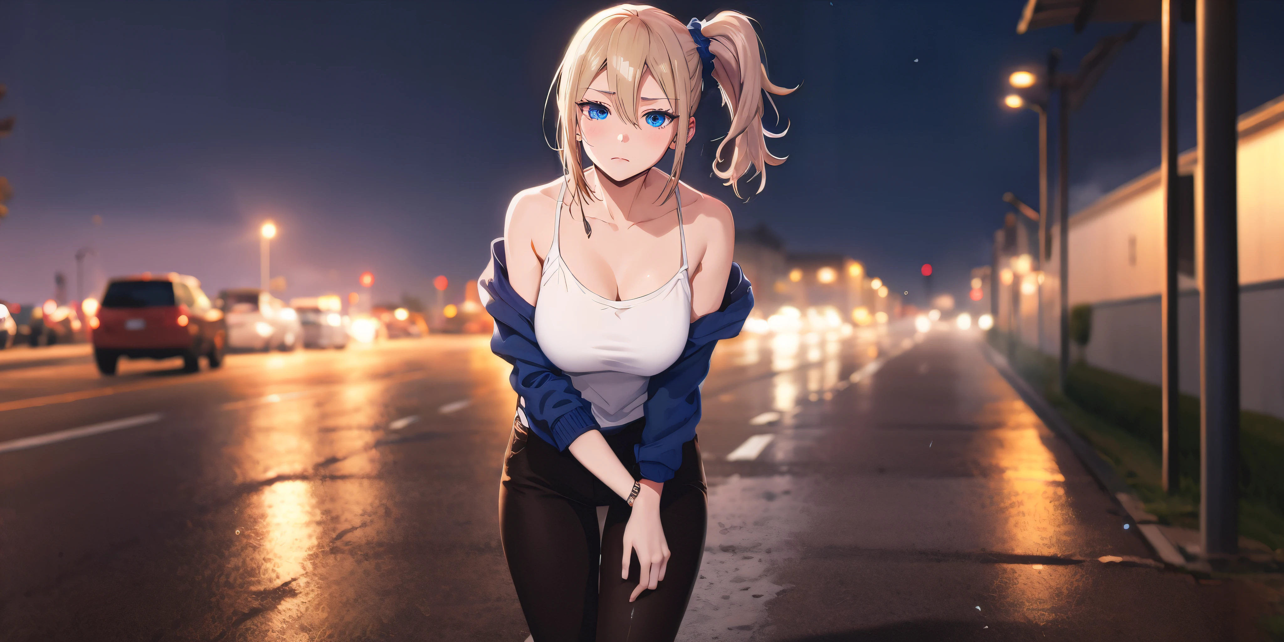 anatomically correct, best quality, masterpiece, high quality, high details, highres, HD, (shaded face:1.2), hollow eyes, dark-blue eyes, looking at viewer, gloom (expression), makeup, lips, aihayasakav4, blonde hair, side ponytail, scrunchie, solo, 1girl, night, blurry, city_lights, cityscape, large_breasts, blurry_background, bangs, breasts, asymmetrical_hair, ponytail, jewelry, blush, pants, solo, blue_eyes, swept_bangs, outdoors, jacket, city, collarbone, night_sky, long_hair, looking_at_viewer, depth_of_field