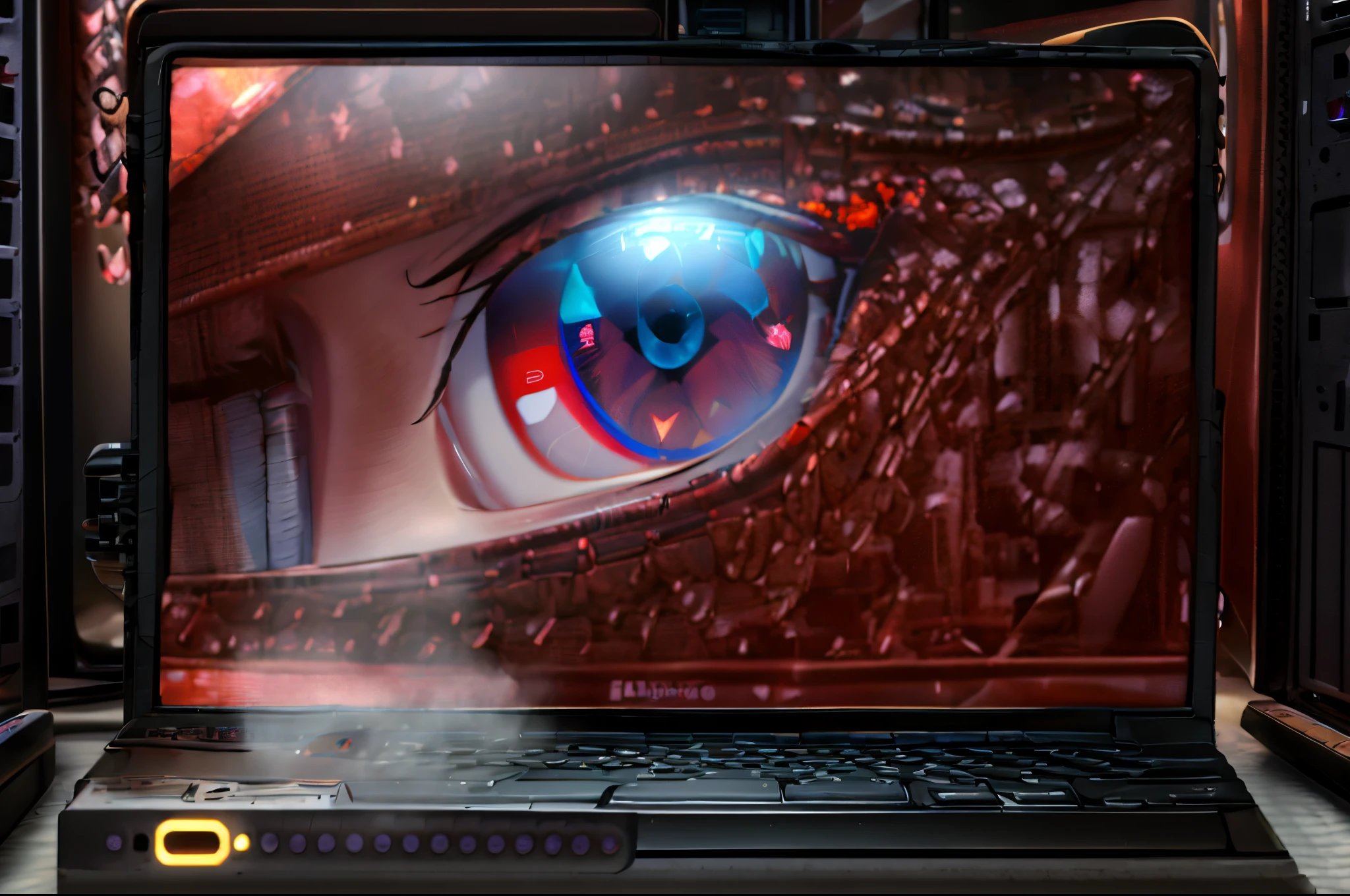 a close-up of a laptop computer with a dragon eye on the screen, Skin no PC para jogos, Smaug, jogos, imagem da tela do pc, computador cgi, Jogos LED, computador sci-fi, grandes olhos vermelhos, laptop, olhos vermelhos brilhantes, Computadores para jogos, Hiper-realista-H 960, Jogos para PC, inspired by Kanō Hōgai
