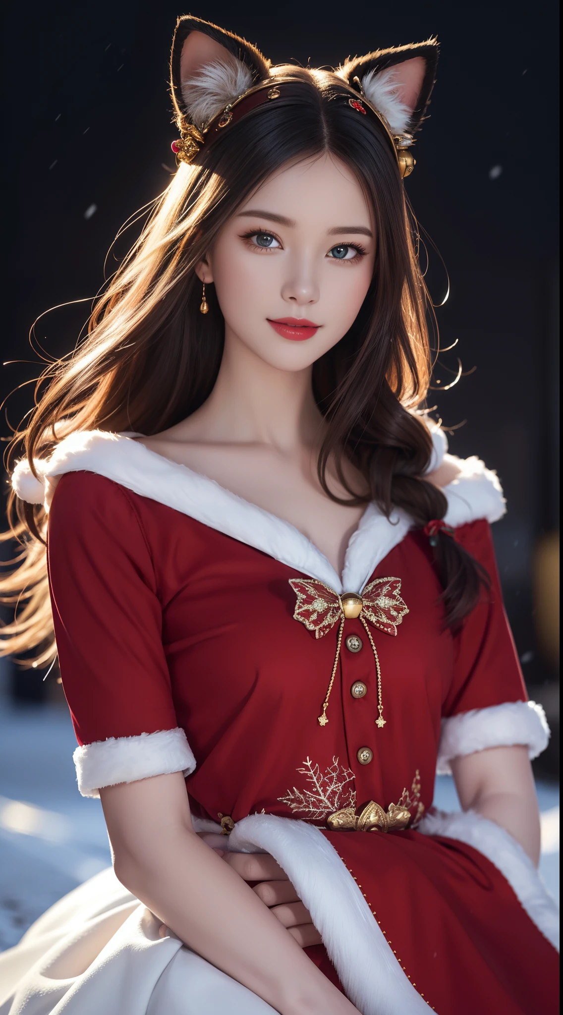 (Aesthetic, High Resolution: 1.2), full-body portrait of a beautiful 20-year-old woman wearing an intricately detailed red boby Santa Claus costume, symmetrical costume structure, bright clear eyes, happy smile, changing hairstyle, falling snow, snow in hair. Professional photographer, minimalism, conceptual art, intricate detail, 8k post-production, High Definition, Ultra Detail, trending on ArtStation, sharp focus, artistic dark studio photos, details Intricate details, Highly detailed, By Greg Rutkowski, professional light and dark art, Vibrant colors. Outdoor winter scene with snow in the evening, A slight smile, True art, many hairstyles and color changes, Passionate mood, Seductive expressions, Sexy lips, Wet lips, Eyes seductive aim, seductive appearance, seductive posture. 3D vector art、caliber cat、Cat in Santa hat、Cat with bell collar、cute christmas gift, cat fur、Surreal quality, Cute and quirky, Fantasy art, Brand Watercolor effect, girl hugging a cat.