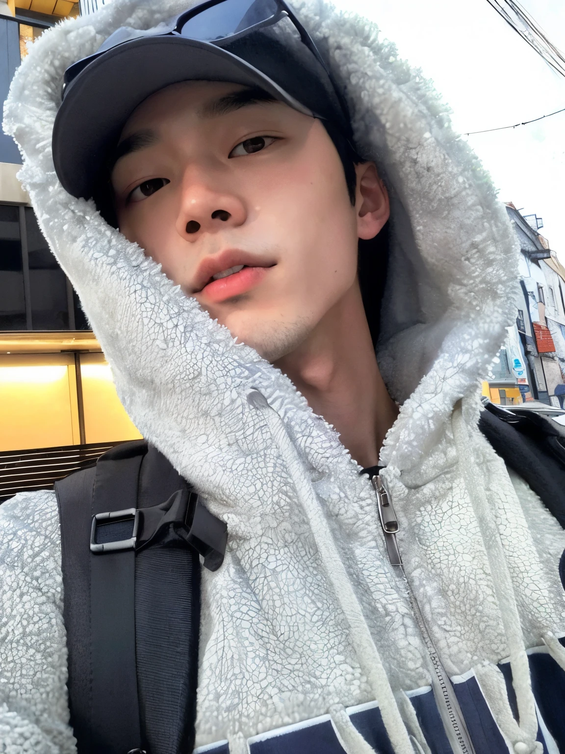 Shaped man wearing hooded sweatshirt and sunglasses in front of a building, Kim Doyoung, Jinyoung Canela, Ulzzang macho, foto de perfil, Hyung Tae, Sul Coreano Masculino, Hong June Hyung, Sakimichan, TaeJune Kim, Cai Xukun, inspirado em Zhang Han, com capuz, 1 7 - ano - menino rosto magro