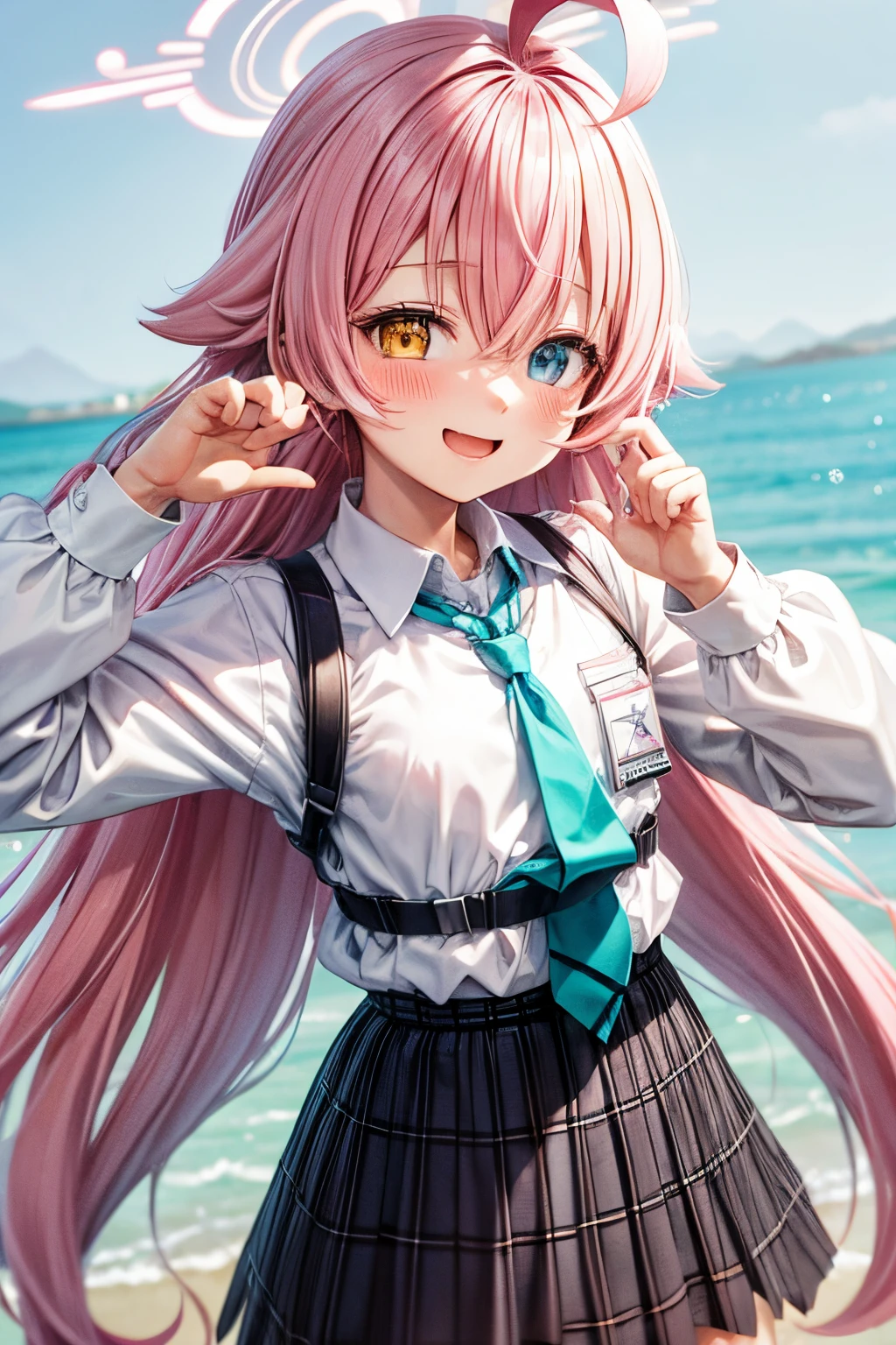 Hoshino, pink hair, long hair, happy face, blushing, look at camera, hands behing back