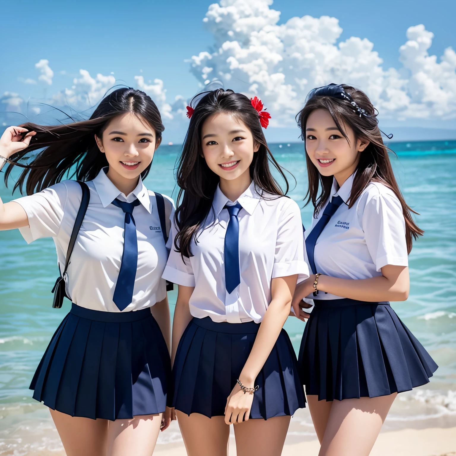 ((top-quality、masutepiece、8K、Top image quality、Highly complex and detailed depictions))、(1 photo:1.7)、(1 schoolgirl:1.3)、The biggest smile staring at the camera、Beautiful beach、(Red hibiscus hair ornament)、(Uniform white shirt、uniform navy pleated skirt)、large full breasts、Emphasize body lines、Glamorous body、Hair swaying in the wind、sand beach、beautiful ocean、Recreate the perfect details of a deserted island、Crystal clear and sparkling sea、Complex sea glow、Depicts beautiful sea details、Brightly lit face、Beautiful summer sky、beautiful thunderclouds