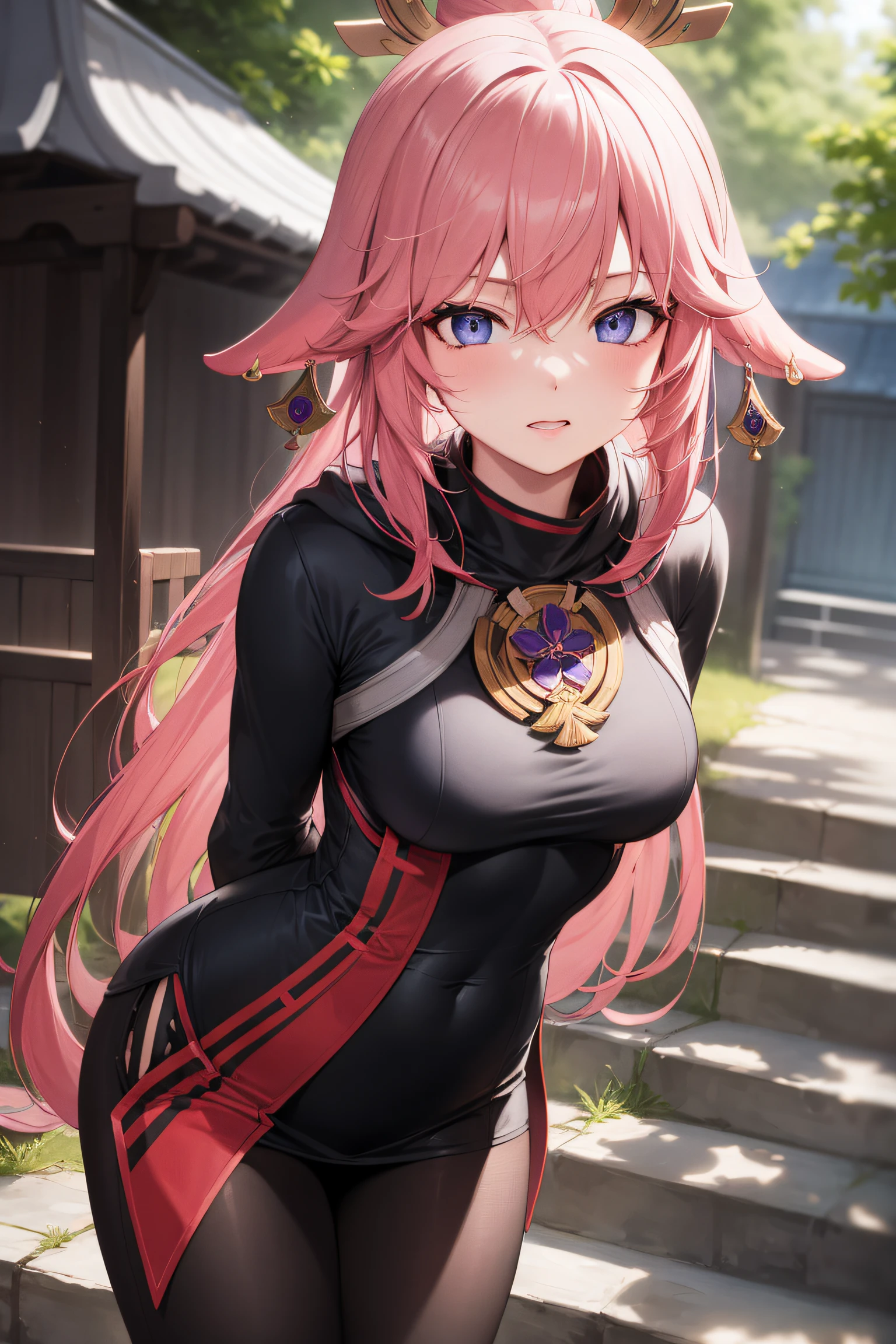 yaemiko, yae miko, floppy ears, hair between eyes, long hair, pink hair, (purple eyes:1.1), pink hair,
BREAK purple hoodie,layered sleeves, brown pants,
BREAK looking at viewer,standing, leaning forward, arms behind back,
BREAK outdoors, shrine
BREAK (masterpiece:1.2), best quality, high resolution, unity 8k wallpaper, (illustration:0.8), (beautiful detailed eyes:1.6), extremely detailed face, perfect lighting, extremely detailed CG, (perfect hands, perfect anatomy),