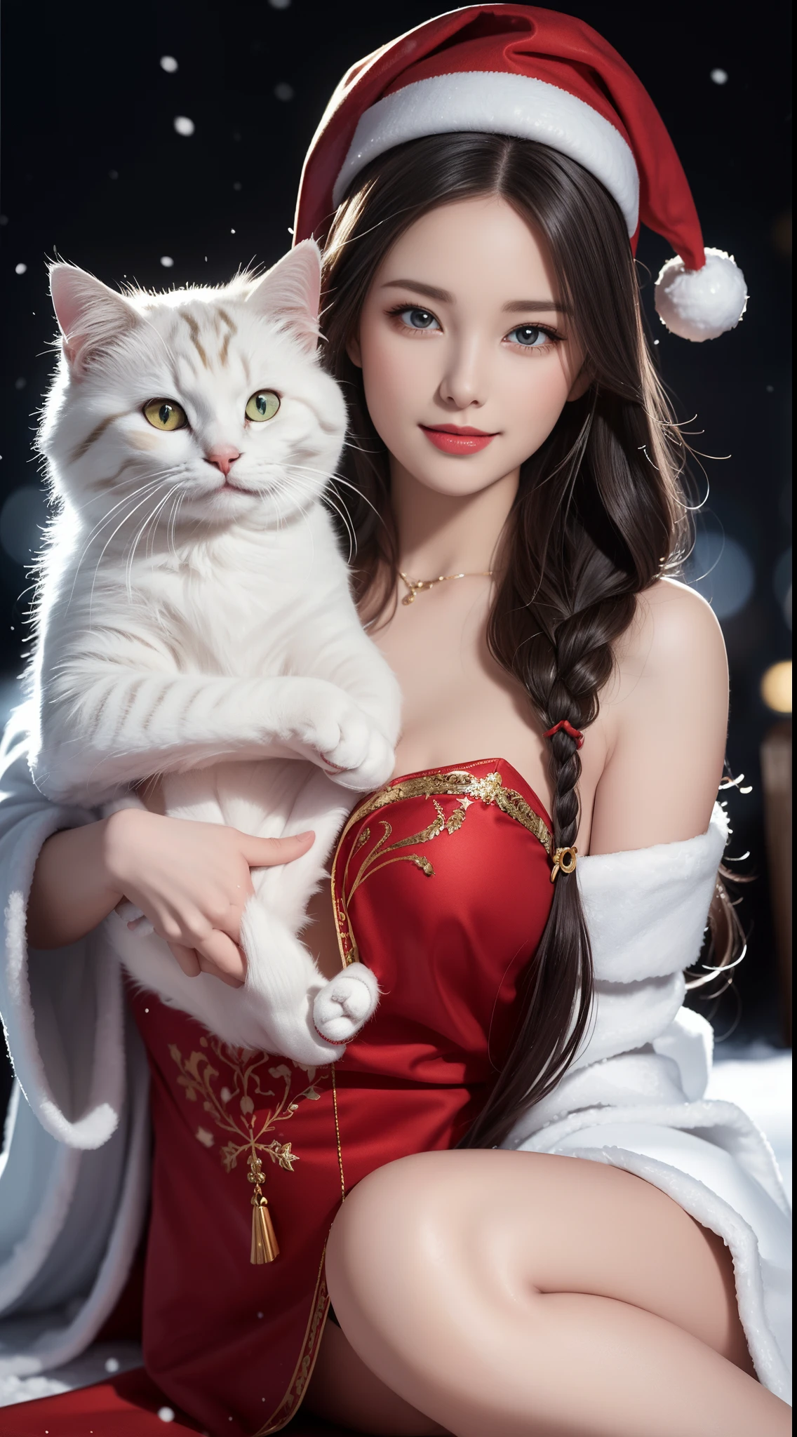 (Aesthetic, High Resolution: 1.2), full-body portrait of a beautiful 20-year-old woman wearing an intricately detailed red boby Santa Claus costume, symmetrical costume structure, bright clear eyes, happy smile, changing hairstyle, falling snow, snow in hair. Professional photographer, minimalism, conceptual art, intricate detail, 8k post-production, High Definition, Ultra Detail, trending on ArtStation, sharp focus, artistic dark studio photos, details Intricate details, Highly detailed, By Greg Rutkowski, professional light and dark art, Vibrant colors. Outdoor winter scene with snow in the evening, A slight smile, True art, many hairstyles and color changes, Passionate mood, Seductive expressions, Sexy lips, Wet lips, Eyes seductive aim, seductive appearance, seductive posture. 3D vector art、caliber cat、Cat in Santa hat、Cat with bell collar、cute christmas gift, cat fur、Surreal quality, Cute and quirky, Fantasy art, Brand Watercolor effect, girl hugging a cat.
