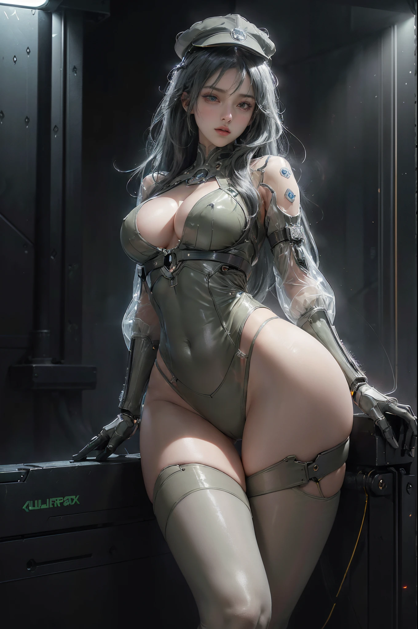 ((of the highest quality)), ((​master piece)), (detail:1.4), (((Translucent with mechanical parts and transparent skin++dark olive green aurora material++、++Gray carbon material++Beautiful woman in futuristic military uniform made of))), ((Wide open chest)), Skin of the hips and thighs, Ticker (High dynamic range), Ray tracing, NVIDIA RTX, Super Resolution, Subsurface Scattering PBR Texturing, Post-processing, Anisotropy Filtering, depth of fields, Surface Shading, Accurate simulation of light/Material Interaction, perfectly proportions, Two-tone lighting, Wide aperture, Low ISO, White Balance, 8K, (((Cameltoe))), NSFW, (((Tall Woman))), 25 year old woman, Brilliant LED, knee high, Bulge, open stance, Cowboy Shot, Skin of the hips and thighs, Beautiful body, Navel visible on bare skin, Chest to feel gravity, ((Military hat with dimly lit LED lights)), (Huge breasts: 1.3), (gargantuan butt: 1.0), Cyberpunk dazzling cityscape, neon signs, led lights, Bright and vivid color scheme, Bright and vivid color scheme, Sitting in a mechanical chair、cross one's legs, Looking down, Slightly open mouth, Dull bangs, (((+++beautiful hairl+++ Straight medium hair))), ((Chemical Coloring Inner Hair))), Anatomically correct arms and fingers