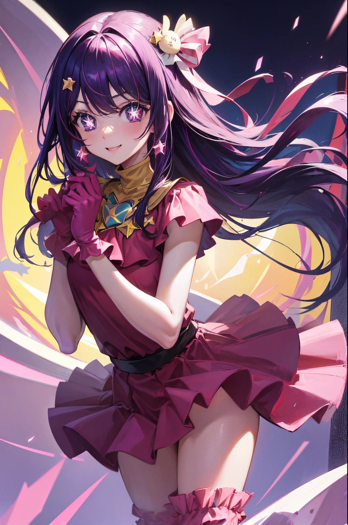 (masterpiece), best quality, expressive eyes, perfect face, highres, (8k), (perfect face), (ultra details), 1 girl, solo, aai hoshino, hair between eyes, hair ornament, hair ribbon, long hair, one side up, (purple eyes:1.1), purple hair, rabbit hair ornament, (star-shaped pupils:1.5), symbol-shaped pupils, belt, black belt, brooch, dress, pink dress, frilled dress, frilled gloves, frills, gloves, heart brooch, idol, idol clothes, jewelry, pink gloves, red ribbon, ribbon, turtleneck dress, pink boots, pink boots, thigh-high boots smile, street background, posing, stage, concert vibes, standing, portrait, looking at the viewer,