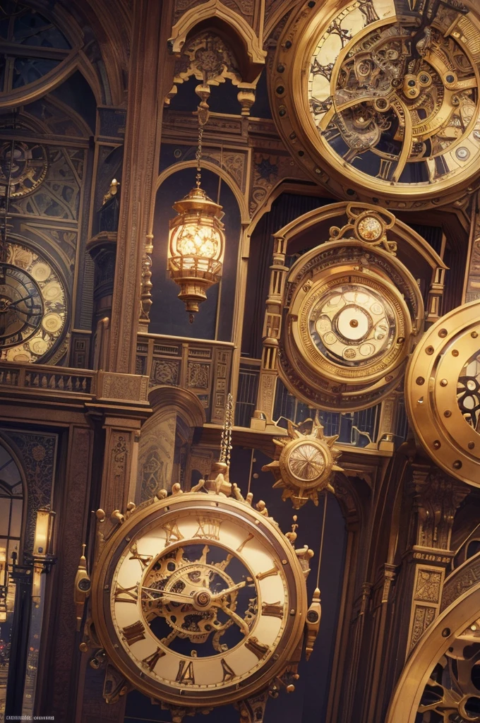 absurdres, best quality, fine detailed, 8k, no humans, Many huge colorful clocks and gears floating in a dimly lit large room, a huge karakuri clock tower decorated with crystal texture, gears of various sizes, clock-themed ornament, silver chain, steampunk, ray tracing, refraction, cinematic lighting, fisheye lens, tyndall effect