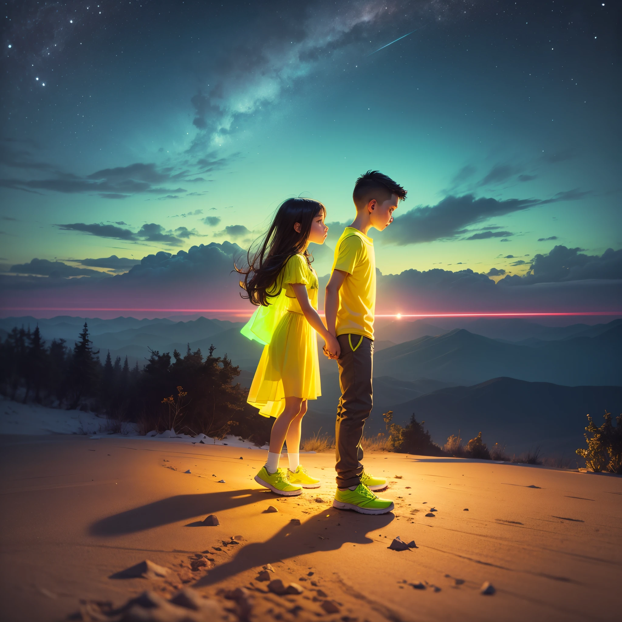 Side view of A boy holding a girl , the girl is fully illuminated by a neon yellow light, walking on a round mountain --auto --s2