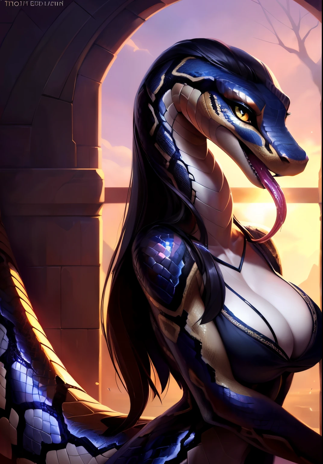 uploaded on e621, by Pixelsketcher, by Bayard Wu, by Thomas Benjamin Kennington , by Einshelm, solo anthro, ((face portrait)), BREAK, very sweaty, ((mouth open, long reptile tongue out, saliva dripping)), (detailed Bonifasko lighting), (detailed scales), (detailed skin), (rattle snake, rattle snake, rattle snake), (extremely long neck), (her own arm holding her own breast), BREAK, ((long thick rattle tail)), ((long black hair)), ((facing viewer)), (cinematic lighting), ((detailed background)), ((face portrait view)), (((face view))), (half body shadow), [backlighting], [crepuscular ray], [detailed ambient light], [gray natural lighting], [ambient light], (higher wildlife feral detail), [explict content], [sharp focus], (questionable content), (shaded), ((masterpiece), her own arms holding her own breast, long hair, medium breasts, [saliva dripping] breasts, furry rattle snake, snake face, furry Fantasy Art, furry Art, Commission for High Res, anthro Art, Art,Sakimichan beautiful, masterpiece, medium breasts, best quality, detailed image, bright colors, detailed face, perfect lighting, perfect shadows, perfect eyes, girl focus, yellow eyes, flawless face, big breasts, extremely long neck, face focus, ((long thick rattle tail)) snake, snake girl, scales, scales woman, snake nose, large long muzzle, long black hair, colorful scales, gaze at the viewer, half-closed eyes, 1girl, solo, (masterpiece), (best quality), (illustration), (cinematic lighting), long hair, detailed scales, balanced coloring, global illumination, ray tracing, good lighting, scales, anthro, showing breasts, cleavage, looking at viewer, seductive look, SFW