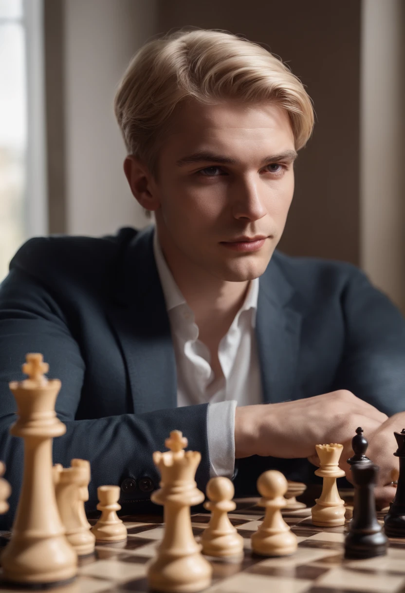 Make a photo of a man playing chess, blond hair, fit, handsome,
