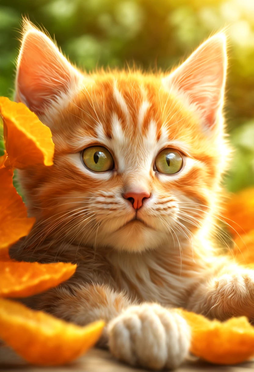 mj, RTX, 4K, HDR 10+, art, realistic art, sunny, film still, photography, photorealism, film grain, intricate detail, perfect composition, beatiful detailed complexity Insanly Detalied Octane Rendering, Photorealistic, white-striped orange color, cute kitten whit hazel eyes