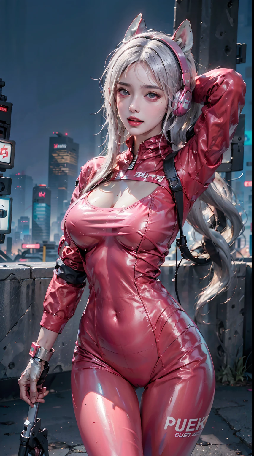 photorealistic, high resolution, 1women, shining skin, solo, jewelry, pink lips, long hair, blue eyes, closed mouth, hips up, animal ear headphones, arms up, bangs, blush, bodysuit, breasts, bunny pose, clothes writing, covered navel, cowboy shot, cropped jacket, gloves, (((cyberpunk city streets background))), hair intakes, headphones, impossible bodysuit, impossible clothes, jacket, large breasts, latex, latex bodysuit, long hair, long sleeves, looking at viewer, large breasts, multicolored gloves, open mouth, pink bodysuit, pink eyes, red jacket, shiny clothes, shrug \(clothing\), sidelocks, skin tight, smile, thigh gap, thighs, twintails, very long hair, white gloves, white hair,alice \(nikke\),(shiny skin),realistic.