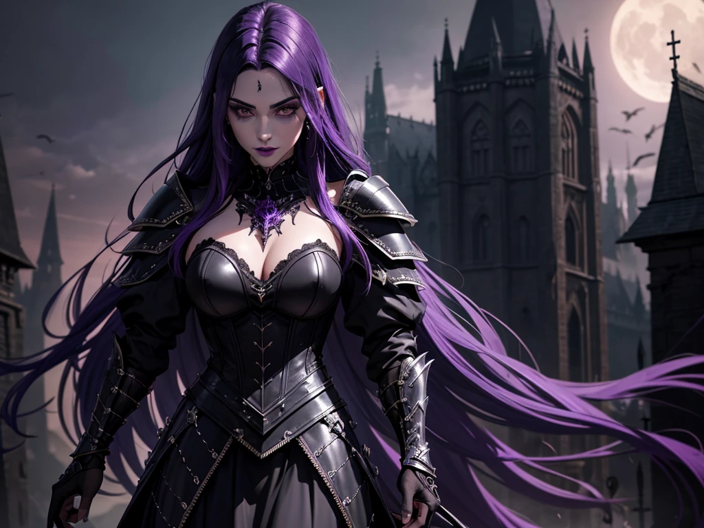 An adult vampire wizard character wearing a very detailed and beautiful gothic armor in black and purple color. Seu cabelo com corte em estilo curto, black lip color, cor roxa dos olhos;, manto, capuz, caminhando, 8k, Magnificent, Black and purple Gothic armor, capa