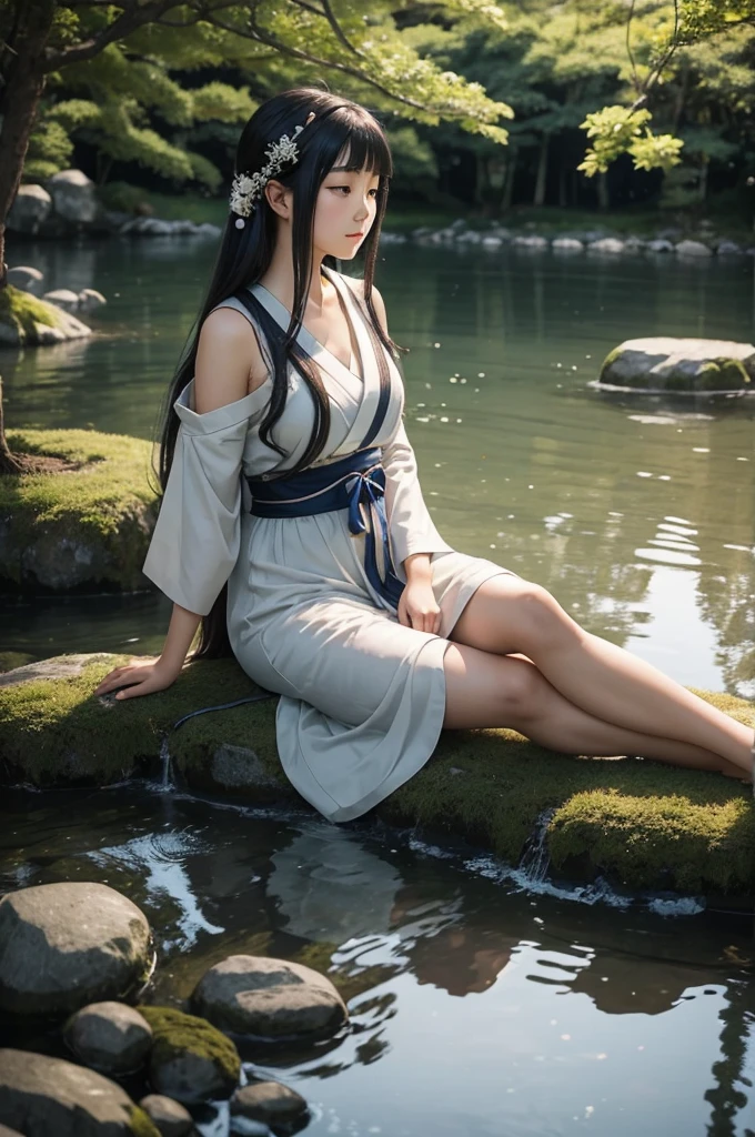 Depict a serene scene of the enchanting Hinata Hyuga, gracefully seated during the evening, as if captured through the lens of a photographer.