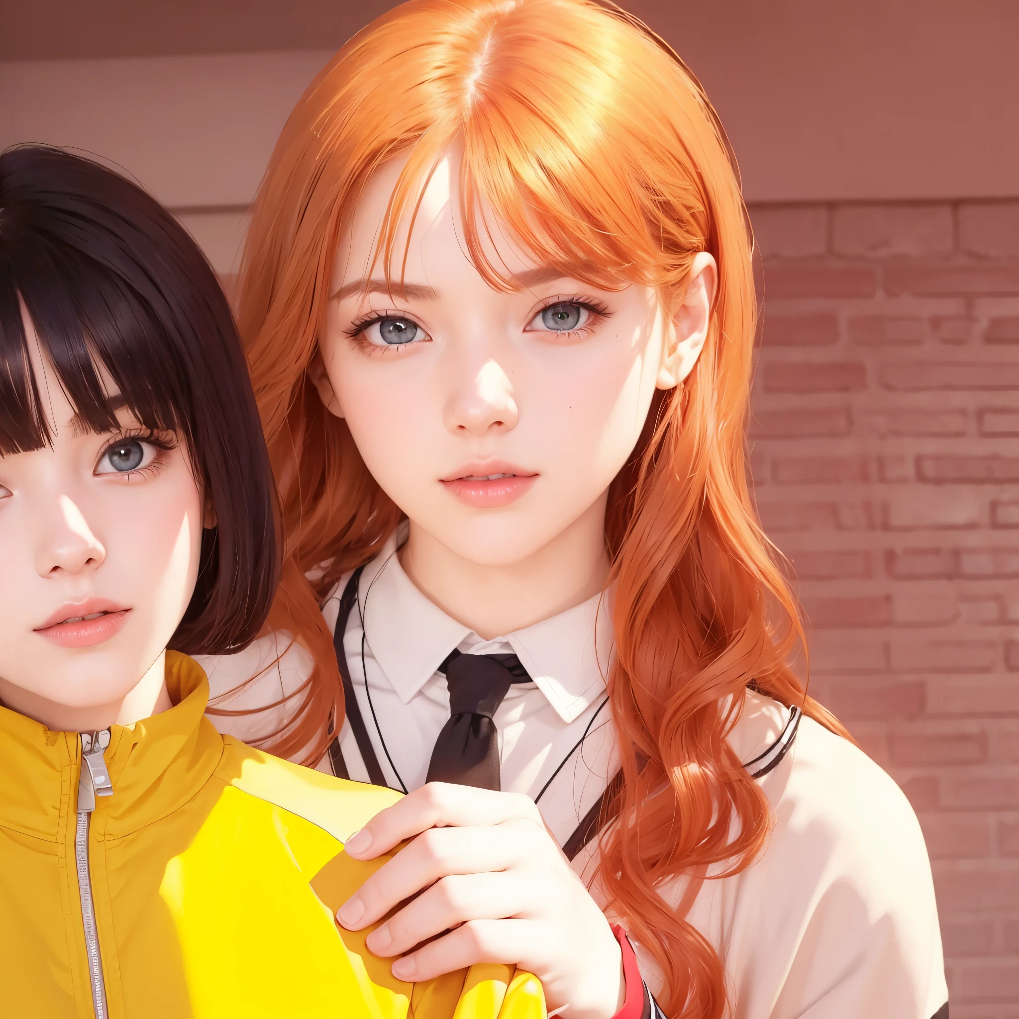 image of two girls with red hair and a yellow jacket,  exactly the same hairstyle, realistic beautiful face, realistic expression serious face, adapt the same clothes, realistic black suit, Realistic light, realistic shadows, Realistic ultra high resolution background.photo-realistic:1.4,UHD.  Realistic，High resolution without, Masterpiece, Best Quality, Ultra-detailed, better shadow, voluminous lighting), Super High Quality, High Resolution, 8K, Hyper-realistic portrait , photorealestic, dinamic lighting, voluminous lighting, Very Detailed Faces
