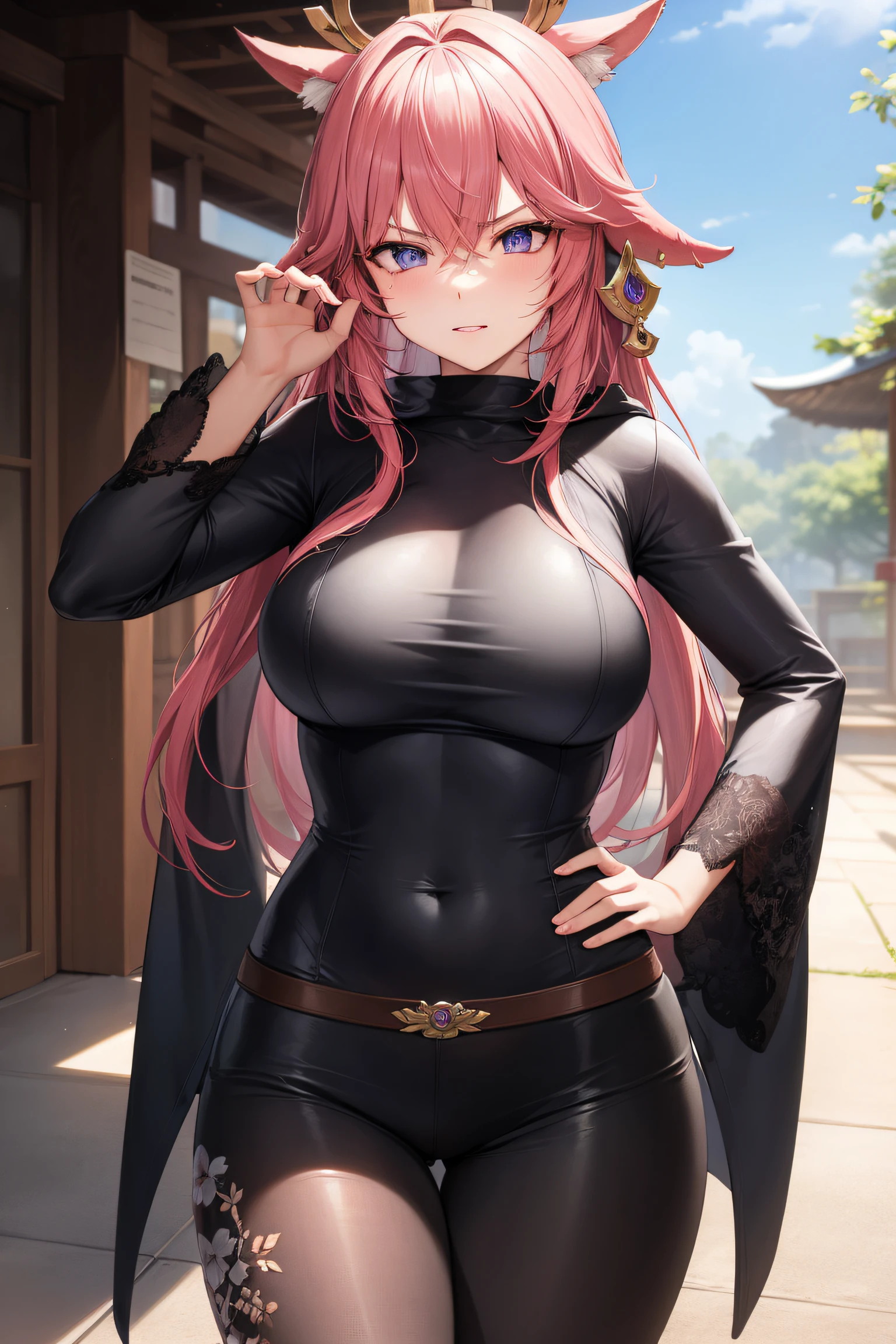 yaemiko, yae miko, floppy ears, hair between eyes, long hair, pink hair, (purple eyes:1.1), pink hair,
BREAK purple hoodie,layered sleeves, brown pants,
BREAK looking at viewer,hand on hip, angry, pov,
BREAK outdoors, shrine
BREAK (masterpiece:1.2), best quality, high resolution, unity 8k wallpaper, (illustration:0.8), (beautiful detailed eyes:1.6), extremely detailed face, perfect lighting, extremely detailed CG, (perfect hands, perfect anatomy),