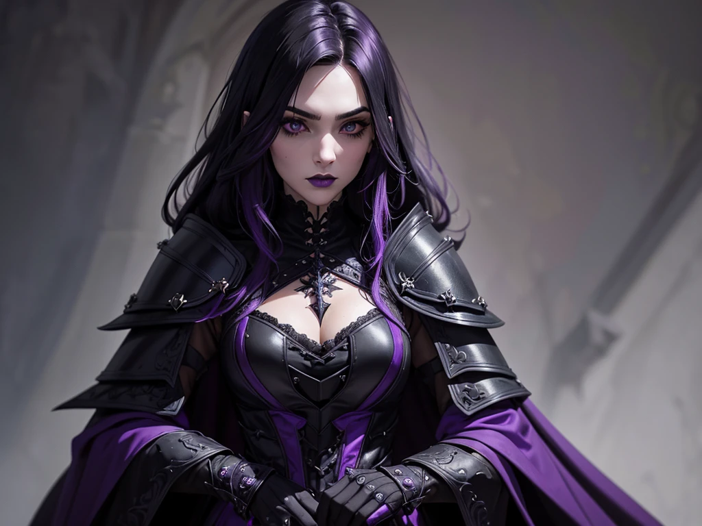 An adult vampire wizard character wearing a very detailed and beautiful gothic armor in black and purple color. Seu cabelo com corte em estilo curto, black lip color, cor roxa dos olhos;, manto, capuz, caminhando, 8k, Magnificent, Black and purple Gothic armor, capa