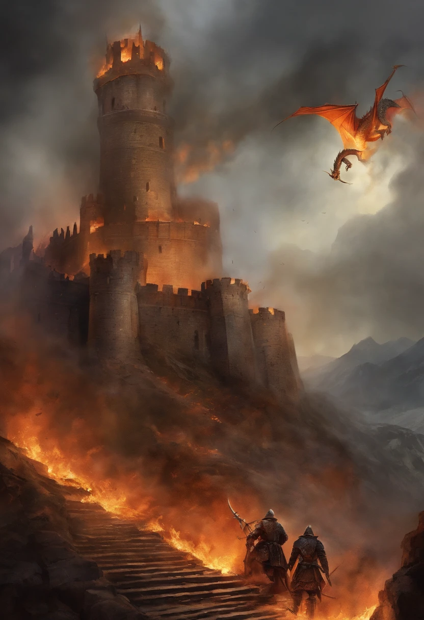 Watercolor painting of dragon coiled around huge castle tower, fire everywhere, The walls are in ruins, it's night time, On the ground, Hundreds of pieces of armor piled high with charred flags, Despite the huge size of the building,But the dragon wreaks impressive damage