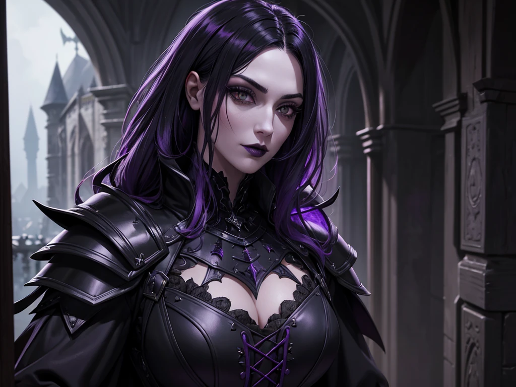 An adult vampire wizard character wearing a very detailed and beautiful gothic armor in black and purple color. Seu cabelo com corte em estilo curto, black lip color, cor roxa dos olhos;, manto, capuz, caminhando, 8k, Magnificent, Black and purple Gothic armor, capa