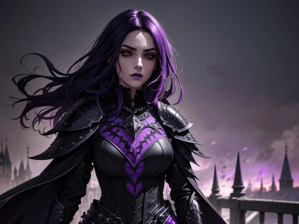An adult vampire wizard character wearing a very detailed and beautiful gothic armor in black and purple color. Seu cabelo com corte em estilo curto, black lip color, cor roxa dos olhos;, manto, capuz, caminhando, 8k, Magnificent, Black and purple Gothic armor, capa