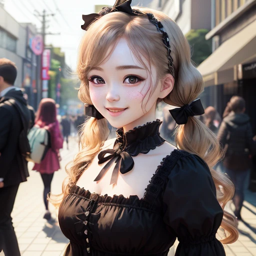 Gothic Lolita Upturned Twintails (Realistic:1.3), Finely detailed, quality, Rembrandt lighting, (masutepiece:1.2), (Photorealistic:1.2), (Best Quality), (Detailed skin:1.3), (Intricate details), Dramatic, Ray tracing, 1girl in, japanaese girl, 21 years old, Detailed skin texture, (blush:0.5), (Goosebumps:0.5), Subsurface scattering, Smiling, medium breasts, Kukurumi, Long hair, (low twintails:1.2), Hair Flower, Hair over one eye, Hair Bow, Gothic, Black Dress, long-one-piece dress, frilld, bow ribbon, Dynamic Pose, (bright sunny day, Outdoors, Harajuku, Street, skyporn),