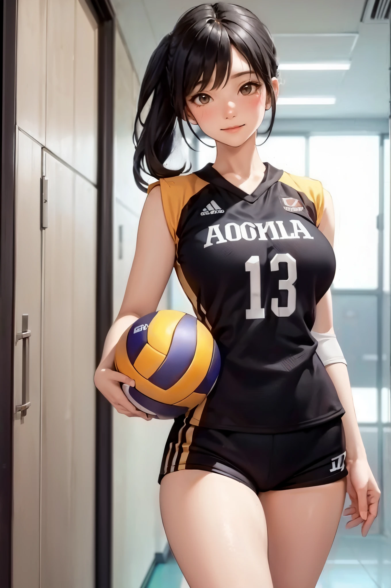 1lady solo, /(volleyball uniform/), mature female, /(dark brown hair/) bangs, blush kind smile, (masterpiece best quality:1.2) delicate illustration ultra-detailed, large breasts BREAK /(gym hallway indoors/)