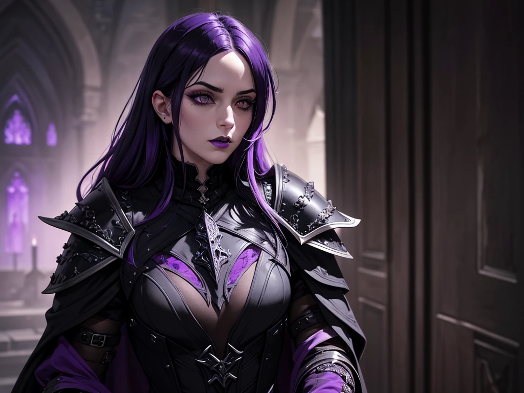 An adult vampire wizard character wearing a very detailed and beautiful gothic armor in black and purple color. Seu cabelo com corte em estilo curto, black lip color, cor roxa dos olhos;, manto, capuz, caminhando, 8k, Magnificent, Black and purple Gothic armor, capa