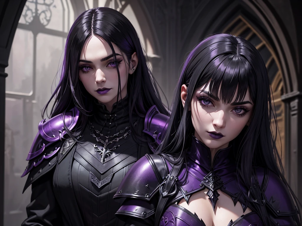 An adult vampire wizard character wearing a very detailed and beautiful gothic armor in black and purple color. Seu cabelo com corte em estilo curto, black lip color, cor roxa dos olhos;, manto, capuz, caminhando, 8k, Magnificent, Black and purple Gothic armor, capa