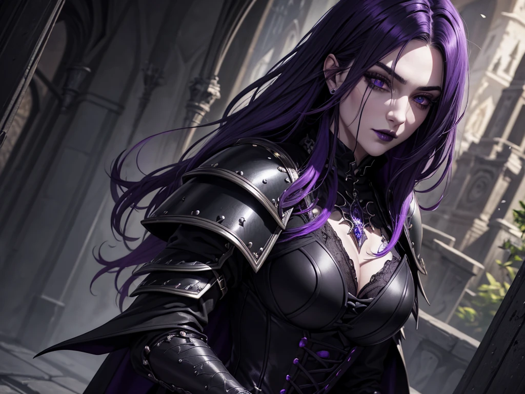 An adult vampire wizard character wearing a very detailed and beautiful gothic armor in black and purple color. Seu cabelo com corte em estilo curto, black lip color, cor roxa dos olhos;, manto, capuz, caminhando, 8k, Magnificent, Black and purple Gothic armor, capa