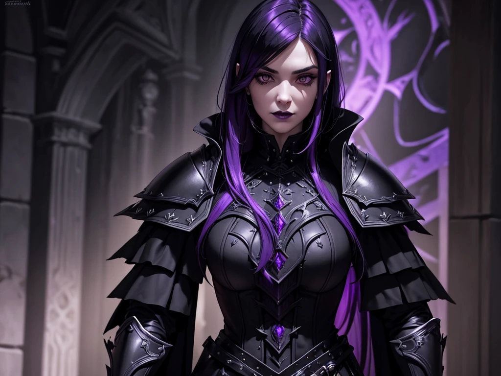 An adult vampire wizard character wearing a very detailed and beautiful gothic armor in black and purple color. Seu cabelo com corte em estilo curto, black lip color, cor roxa dos olhos;, manto, capuz, caminhando, 8k, Magnificent, Black and purple Gothic armor, capa