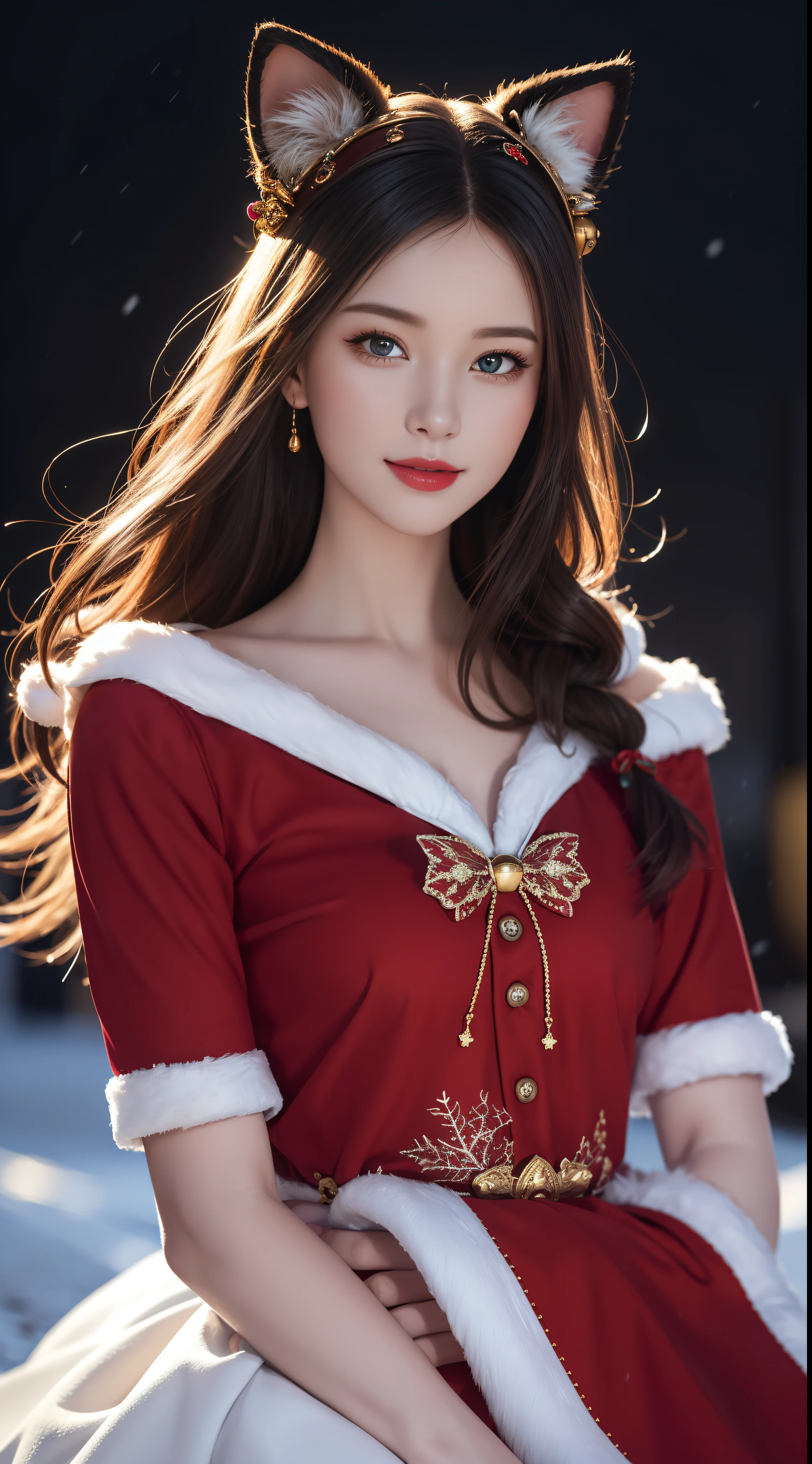 (Aesthetic, High Resolution: 1.2), full-body portrait of a beautiful 20-year-old woman wearing an intricately detailed red boby Santa Claus costume, symmetrical costume structure, bright clear eyes, happy smile, changing hairstyle, falling snow, snow in hair. Professional photographer, minimalism, conceptual art, intricate detail, 8k post-production, High Definition, Ultra Detail, trending on ArtStation, sharp focus, artistic dark studio photos, details Intricate details, Highly detailed, By Greg Rutkowski, professional light and dark art, Vibrant colors. Outdoor winter scene with snow in the evening, A slight smile, True art, many hairstyles and color changes, Passionate mood, Seductive expressions, Sexy lips, Wet lips, Eyes seductive aim, seductive appearance, seductive posture. 3D vector art、caliber cat、Cat in Santa hat、Cat with bell collar、cute christmas gift, cat fur、Surreal quality, Cute and quirky, Fantasy art, Brand Watercolor effect, girl hugging a cat.