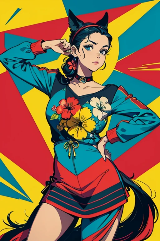 Criar arte digital no estilo Pop Art, Apresentando um gato vibrante e confiante，moda de rua, esquema de cores do filme, Rodeado por motivos de flores vintage, Pinceladas vibrantes,Emotions Should Be Dynamic, parte superior do corpo, desenho, illustration, escala cinza, tropical, muitas flores,