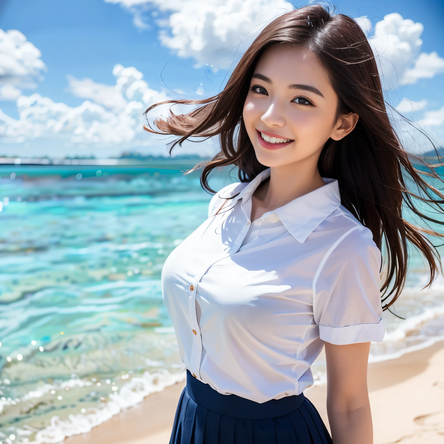 ((top-quality、masutepiece、8K、Top image quality、Highly complex and detailed depictions))、(1 photo:1.7)、(1 schoolgirl:1.3)、The biggest smile staring at the camera、Beautiful beach、(Red hibiscus hair ornament)、(Uniform white shirt、uniform navy pleated skirt)、large full breasts、Emphasize body lines、Glamorous body、Hair swaying in the wind、sand beach、beautiful ocean、Recreate the perfect details of a deserted island、Crystal clear and sparkling sea、Complex sea glow、Depicts beautiful sea details、Brightly lit face、Beautiful summer sky、beautiful thunderclouds
