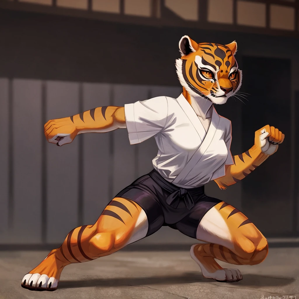solo, female, tigress, using black shirt and black tight shorts, orange skin, orange eye, karate pose, full body, 8k, perfect details, perfect hands, hyper realistic, render, game style