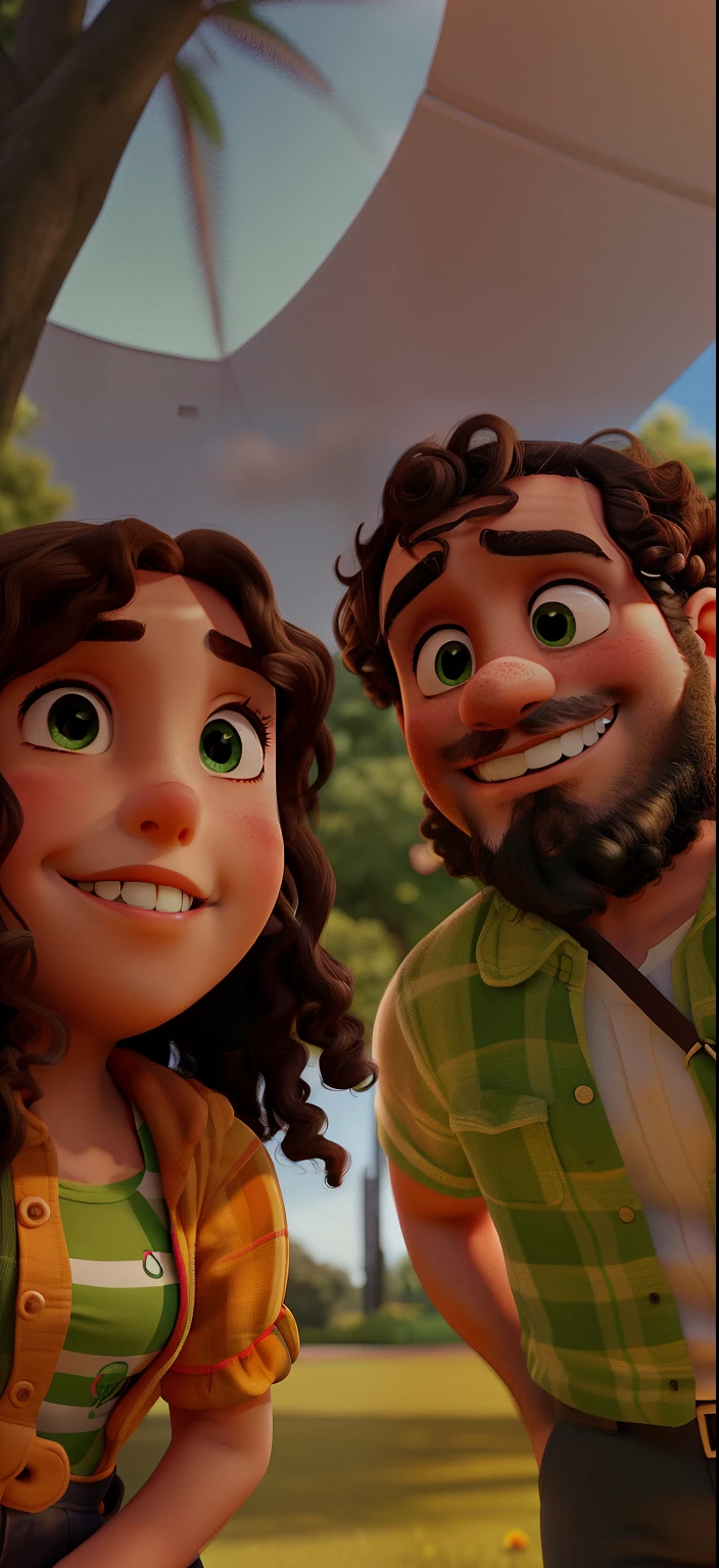 Curly-haired brunette father and daughter hugging each other posing for a background in a beautiful very green park and a sunny day