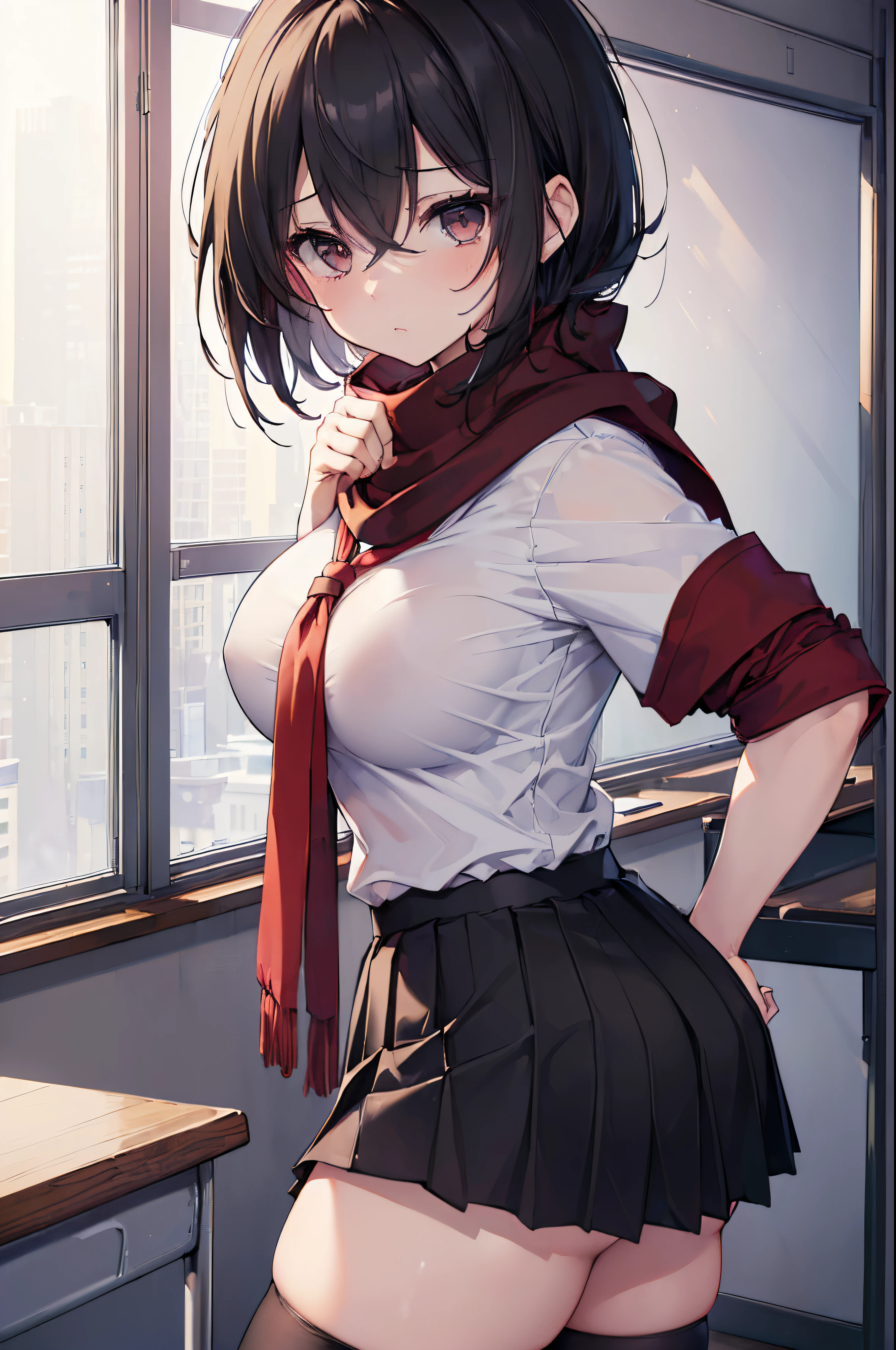 (Masterpiece:1.5), (Best Quality:1.5), 8K, High image quality,(super detaill:1.3),Mikasa Ackerman, 1Girl,Solo,red scarf,(large full breasts),school uniformss,Black school uniform skirt,(ass),(bare hands:1.3), (Black eyes:1.3), (bright-eyed:1.4),(High-quality snow:1.4),(class room:1.2),(mature:1.6),((shameful expression)),Black stockings