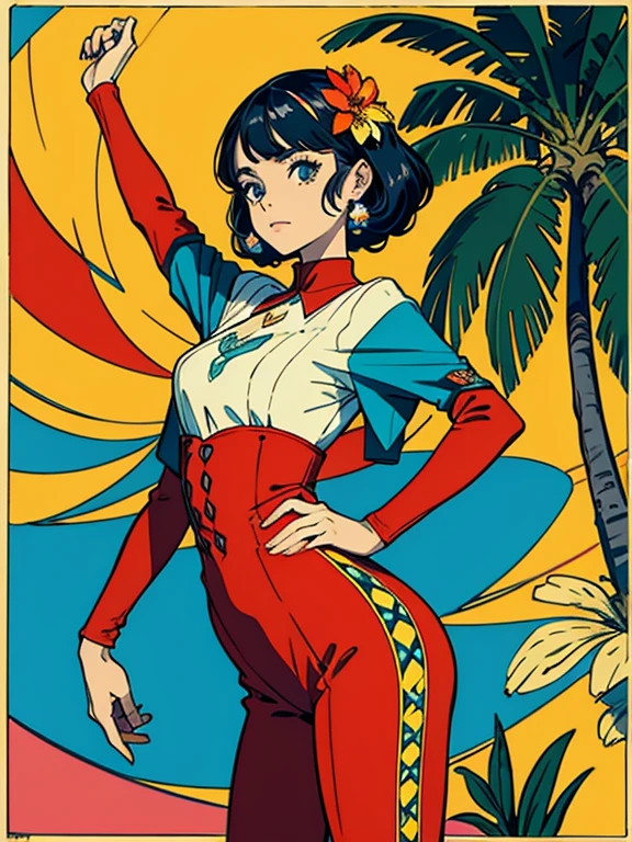 Criar arte digital no estilo Pop Art, Apresentando um gato vibrante e confiante,moda de rua, esquema de cores do filme, Rodeado por motivos de flores vintage, Pinceladas vibrantes,Emotions Should Be Dynamic, parte superior do corpo, desenho, illustration, escala cinza, tropical, muitas flores,