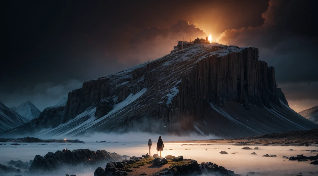 Digital illustration, Detailed and intricate, The panoramic landscape view, Destroyed ruined ancient frozen icy tall broken stone tower on a snowy glacier mountain background, daylight winter Rocky and snowy and foggy, hundreds of Pilgrims and adventurers, Philipp Urlich art style, Yoshitaka Amano art style, Hayao Miyazaki art style, Masterpiece, Proportional, Detailed, Beautiful lighting, Realistic, Intricate, 4k highest quality, 4K digital painting in the style of Yoshitaka Amano, Beautiful lighting and cinematic composition, Rule of thirds composition, shimmering lighting, dramatic lighting (by Zdeněk Burian:0.0) (by John Martin:0.0)