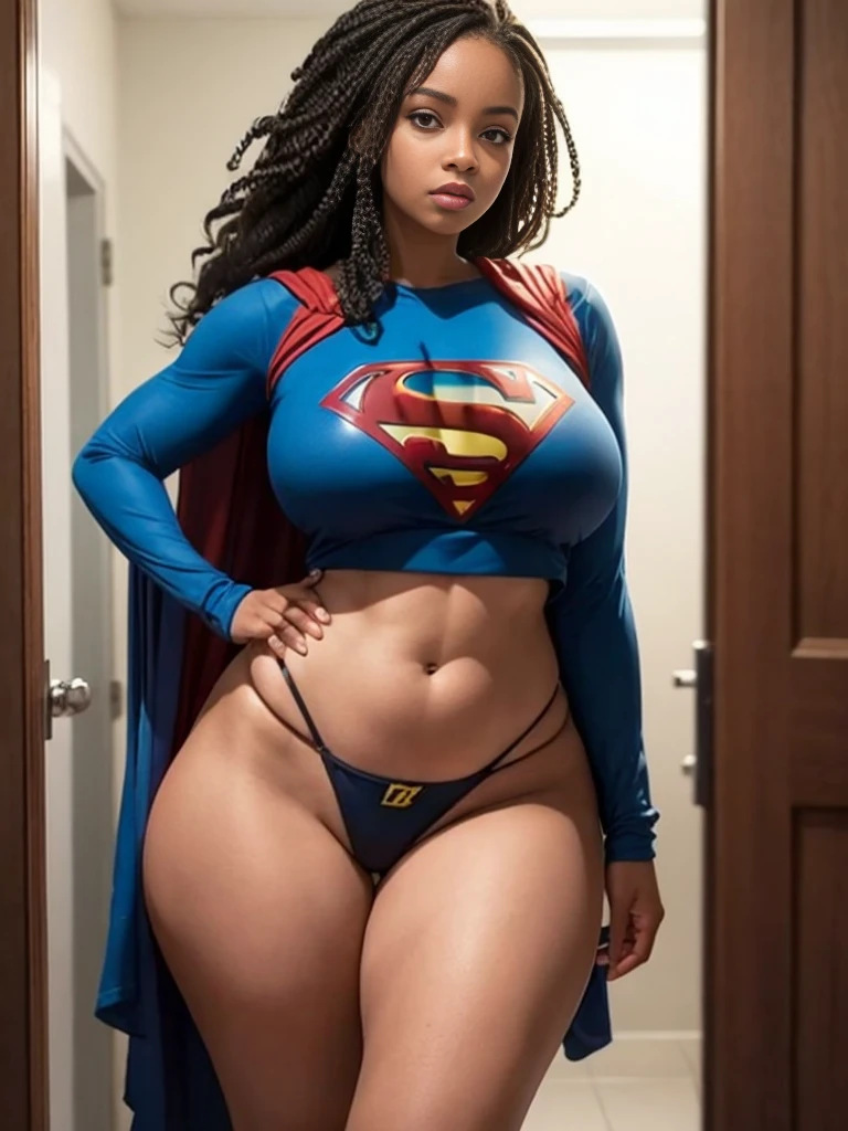 Emily is a black African woman, com pele muito escura, de 45 anos com cabelos escuros, geralmente preso em um coque ou rabo de cavalo. His eyes are dark and expressive, transmitindo sua personalidade sensual e sexy. She has an average height, Sobre 1.70m, com seios grandes, muito grandes e quadris enormes, BBW. Emily is a superhero, Usar roupas da supergirl, roupas supergirl transparentes, decote sexy. Ela costuma usar pouca maquiagem, preferindo um visual natural. best quality, Realistic photo, photo de corpo inteiro, poses sensuais sexy, Standing in the bathroom looking at herself in the mirror