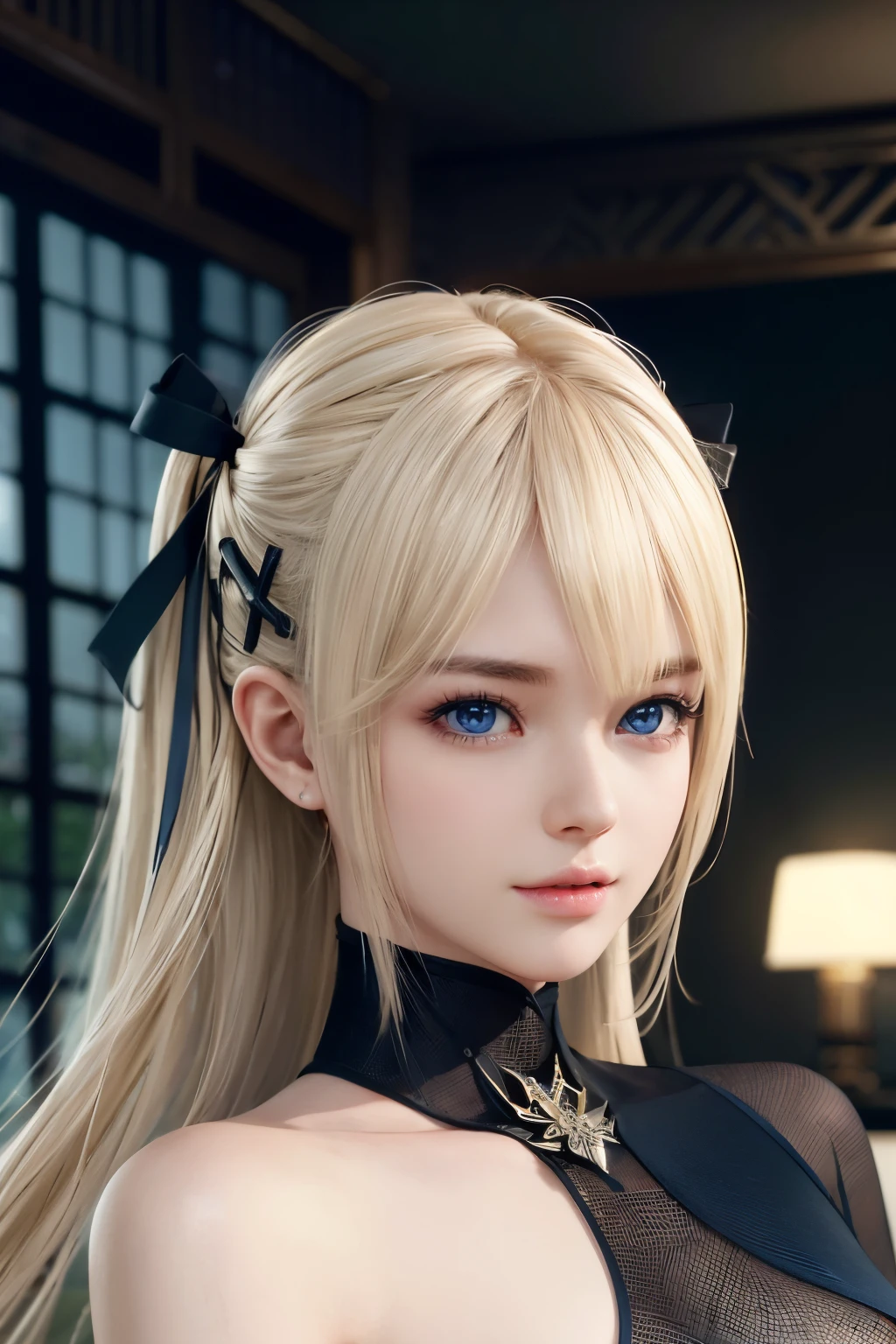 ​Marie rose, Blonde hair, masterpiece, masterpiece, 1 beautiful girls, detailed, Swollen eyes, top-quality, 超A high resolution, (Realistis: 1.4), Original Photographs, 1girl in, 电影灯光, (A smile:0.6), Japanese, Asian Beauty, Korean, Proper, very extremely beautiful, Slightly younger face, Beautiful skins, Slender big, Black sweater, cyberpunk backgrounds, (A hyper-realistic), (illustration), (high resolution), (8K), (highly detailed), (The best illustrations), (beautifully detailed eyes), (ultra-detailer), (wall-paper), (详细的脸), looking at the viewers, fine detailed, A detailed face、deep-shadows、Unobtrusive、pureerosfaceace_v1、46-point diagonal bangs, Facing straight ahead, Neat Clothing, Blue colored eyes、